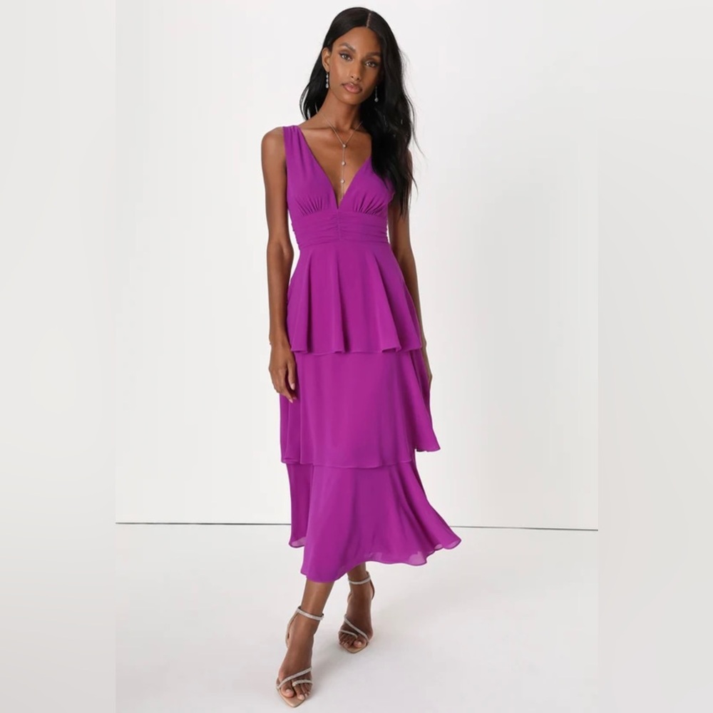 Lulus celebration time purple sleeveless tiered midi dress
